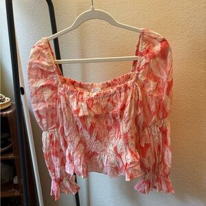 Olivaceous Pink Puff Sleeve Blouse with Ruffled Neckline